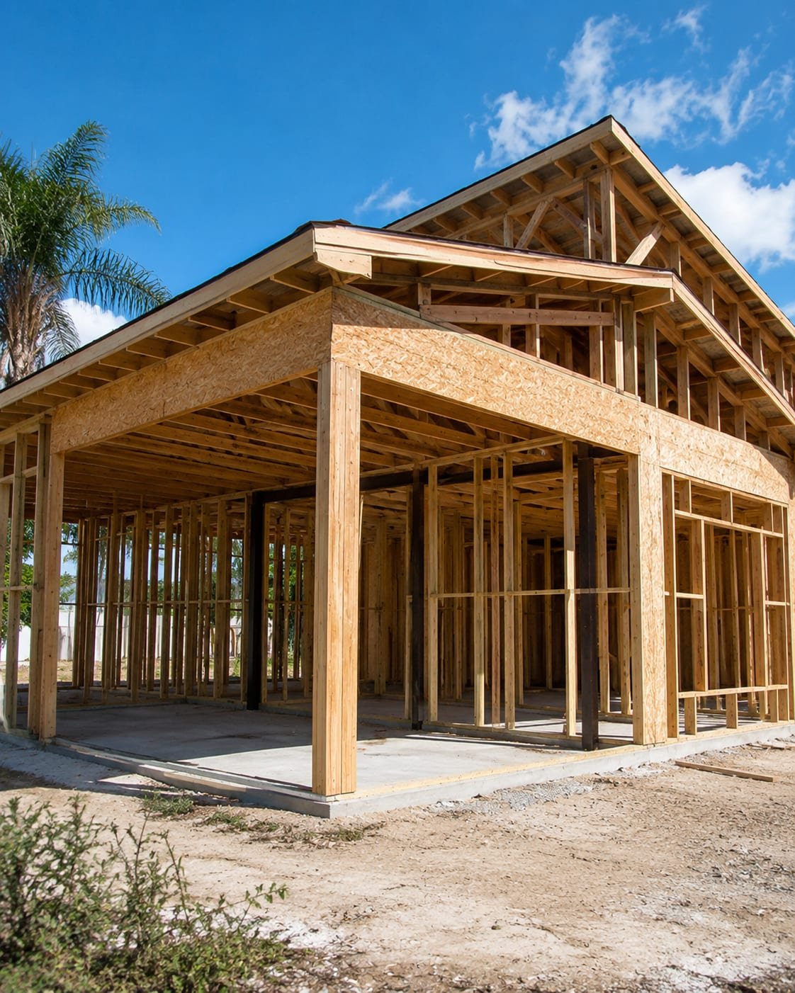 Structural framing by Acosta Builders in Bradenton, FL — carport posts, gable framing and roof structure standing on a monolithic slab